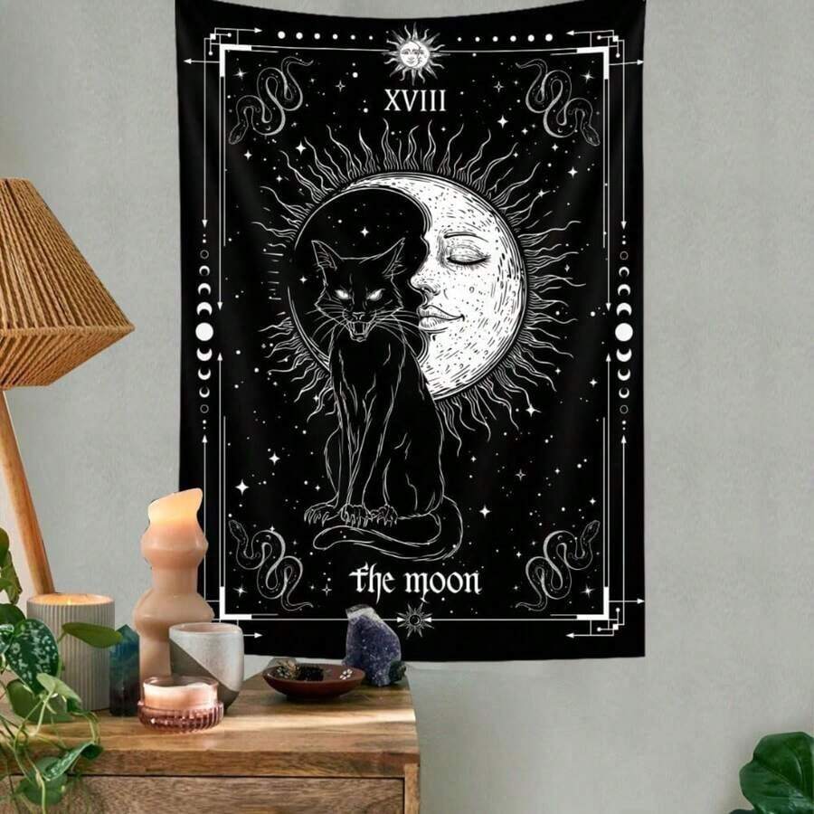 Gothic Black Vertical Tapestry, Witchy Black And White Tarot Card Wing Bat Cool Tapestries Men, Moon Phases Aesthetic Anime Witchcraft Art Tapestry Wall Hanging Bedroom Living Room Poster, X - 黑色 - 查看 1
