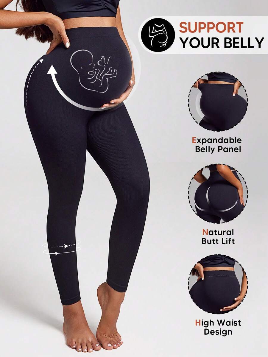Maternity Support Leggings With Stretchy Belly Band For Comfort & Bump Support - Black - View 1