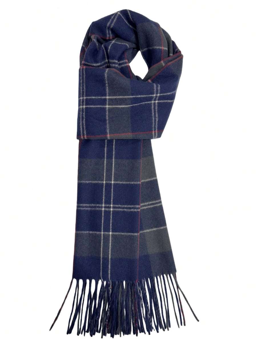 新款格子双面流苏保暖围巾，男女通用，百搭，适合作为教师/学生生日礼物，长款保暖围脖，休闲优雅，日韩风格 - 藏青色 - 查看 1