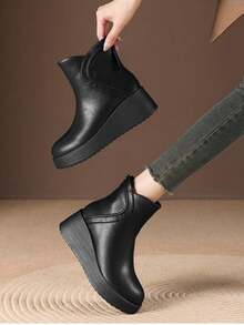 British Style Boots For Girls, New Autumn/Winter Waterproof Platform Square Toe Chunky Heel Ankle Boots, Retro Chelsea Short Boots - Black - View 2