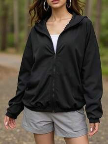 Women's Outdoor Hooded Jacket, Full Zip Loose Fit Sports Coat, Suitable For Workout, Running, Travel, Hiking, Camping, Cycling, Gym - Black - View 5
