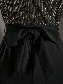 Elegant Women's Deep V Neck Wide Leg Jumpsuit With Sequin Embellished Top, Belted Knot Waist And Flowy Pants Luxury Party Outfit For Fall Winter Layering And Holiday Events - Black - View 10