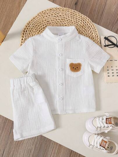 2pcs Baby Boy Textured Solid Shirt With Bear Embroidery Pocket And Printed Shorts, Street Fashion Children Set