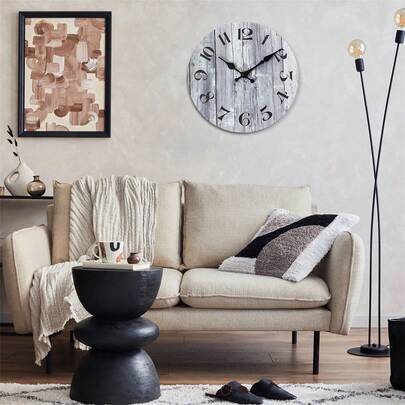 1个静音无滴答声木质装饰挂钟，复古托斯卡纳风格灰色木质圆形家居装饰挂钟，使用AA电池供电（不含电池）