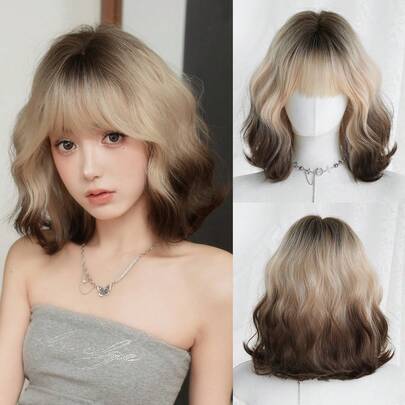 NAMM Tóc giả ngắn 14 inch màu be vàng ombre gợn sóng cho nữ, trông tự nhiên với chân tóc tối màu mềm mại, mật độ cao 150% với lưới hoa hồng, sợi tổng hợp chịu nhiệt cao, mềm mượt, thích hợp cho sử dụng hàng ngày, lễ hội hoa anh đào, tiệc tùng, thời trang đường phố và chụp ảnh - Phụ kiện tóc giả quà tặng cho bé gái (Kết cấu nhiều lớp tự nhiên & nhẹ)