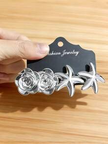 4-10 Peças Conjunto de Brincos de Moda Dourados para Mulheres, Material CCB e Leve, Brincos de Pino Elegantes com Pingente em Gota d'Água, Brincos de Pino Redondos Enrolados em Nó, Designs Delicados de Estrela-do-mar e Flor, Luxuoso e Estiloso Vintage, Adequado para Uso Diário, Reuniões, Viagens, Festas - Prata - Visão 7