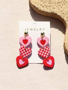1 Cặp bông tai trái tim ba màu đỏ nhỏ in hình bàn cờ bằng acrylic dành cho ngày lễ tình nhân dành cho nữ, không khí lãng mạn và dễ thương - Nhiều màu - Xem 7