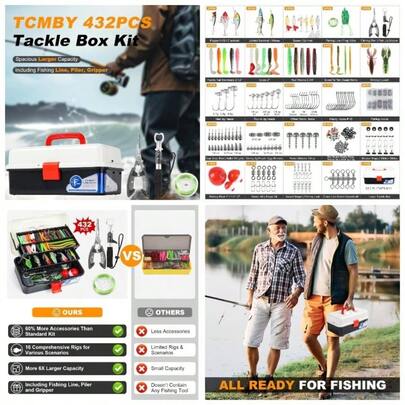 Large 3 Layers Tackle Box With Tackle Included Black Fishing Lures Kit 432Pcs Bass Freshwater Gear Pliers Crankbait Hooks Weights Accessories