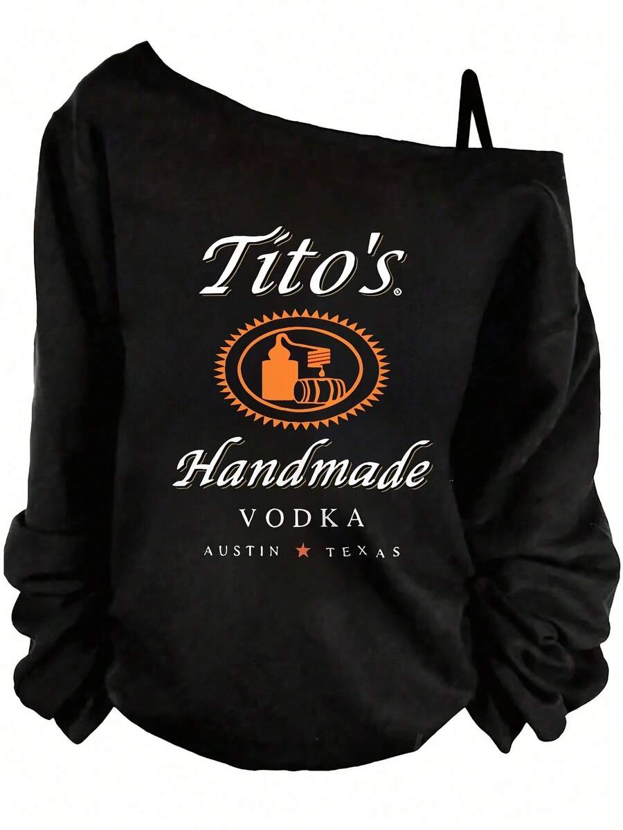 Black Off - The - Shoulder Sweatshirt With Tito's Handmade Vodka Logo & Text, Orange Circular Bottle & Cask Logo, AUSTIN TEXAS Red Star Design - Casual Fashionable Crew Neck Top For Wear- Plus Size Asymmetric Neck Long Sleeve Sweatshirt - Women's Fall Top - Women's Winter Outfits: Elegant Conjunto De Mujeres + Flowy Top, Blusas & Top Negro - 黑色 - 查看 1