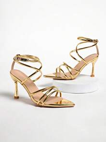 2025 Summer New Pointed Toe High Heel Sandals With Strap , Elegant French Style Suitable For Dresses - Gold - View 6