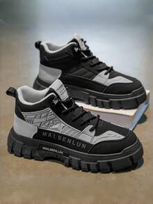 Men's Autumn/Winter New British Style Anti-Slip Increased Height Work Boots, Multi-Function Thick Sole Outdoor Hiking High-Top Boots - Black and Gray - View 3