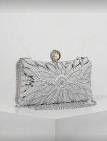 Bolso de mano tipo clutch con perlas falsas elegante, bolso de fiesta de boda romántico con decoración de lujo de rhinestones, bolso de hombro para eventos formales para la novia - Plateado - Ver 3