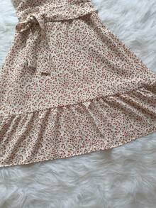 Vestido Estampado Feminina Com Bojo Curto Soltinho Com Cinto  Tecido TUNA Novo Modelo Verão - Bege-2 - Visão 5