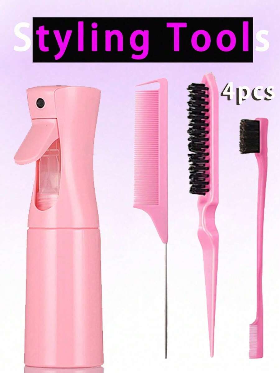 Set de 4 piezas de botella rociadora y peine, incluye 1 botella rociadora, 1 peine de cola, 1 cepillo de cejas, 1 cepillo volumizador, unisex, para uso en seco y húmedo, adecuado para cabello rizado, partición, grueso y fino, maquillaje, set de 5 piezas, regalo de Navidad/vuelta al colegio