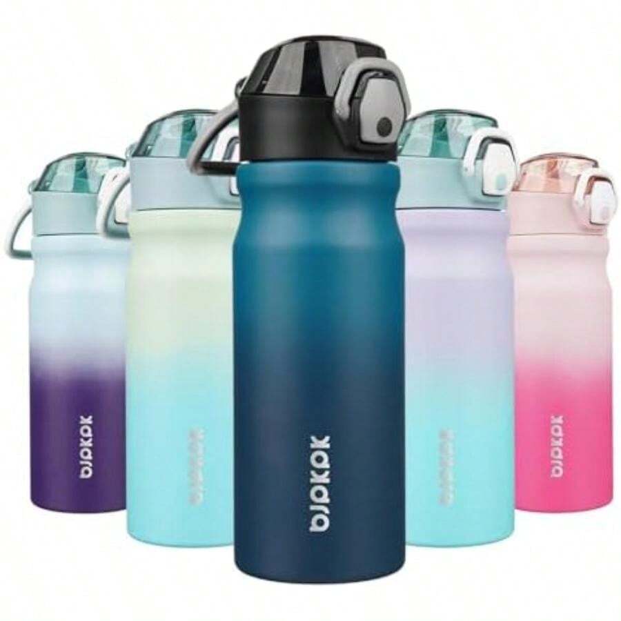 BJPKPK - Botella de agua aislada de 18 onzas con pajita, botellas de agua de doble pared de acero inoxidable, sin , termo a prueba de fugas, con tapa abatible y boquilla de silicona suave, color(0.5 Litros A-índigo Negro) - Multicolor - Ver 1