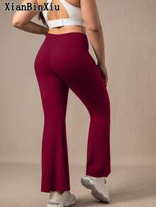 XianBinXiu 1pc Plus Size Navy Blue Flare Yoga Pants, High Waist Slimming Casual Yoga Trousers With Pockets, Knit Fabric, Elastic & Comfortable, Suitable For Daily Casual Wear And Yoga, All Seasons, Moisture-Wicking Stretchy Leggings, Low-Impact Yoga Pilates Ballet Studio Casual Wear, Spring/Summer - Burgundy - View 5