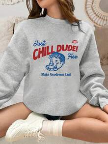 Retro Cartoon "CHILL DUDE" Printed Grey Crew Neck Sweatshirt, Casual Top, Plus Size Knit Sweatshirt, Crew Neck Long Sleeves, Ribbed Knit Details, Winter Lining, Women's Sweatshirt, Pullover, Plus Size Sweatshirt, Plus Size Women's Clothing, Autumn And Winter Season, Comfortable Plus Size Fit, Plus Size Autumn And Winter Clothing, Everyday Wear. - Light Grey - View 1