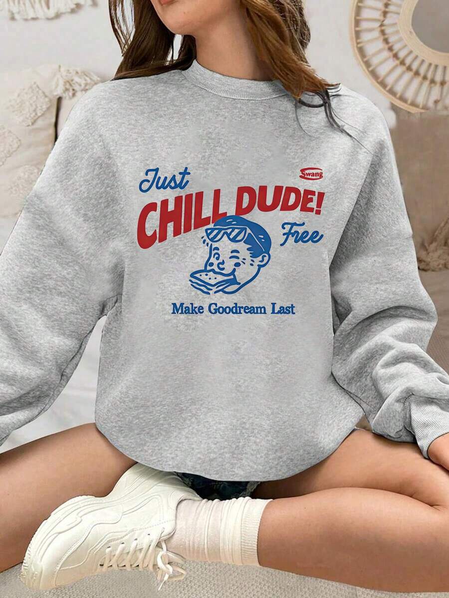 Retro Cartoon "CHILL DUDE" Printed Grey Crew Neck Sweatshirt, Casual Top, Plus Size Knit Sweatshirt, Crew Neck Long Sleeves, Ribbed Knit Details, Winter Lining, Women's Sweatshirt, Pullover, Plus Size Sweatshirt, Plus Size Women's Clothing, Autumn And Winter Season, Comfortable Plus Size Fit, Plus Size Autumn And Winter Clothing, Everyday Wear. - Light Grey - View 1
