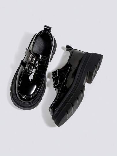 Women's Black Patent Leather Formal Shoes, High Heel Shoes With Platform, Thick Heel Shoes, Work Shoes, Loafers, Buckle Strap Small Leather Shoes