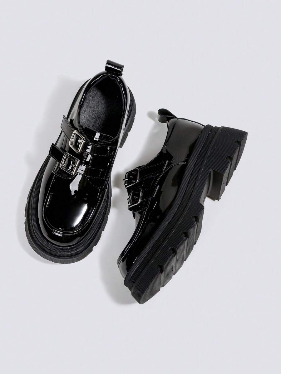 Women's Black Patent Leather Formal Shoes, High Heel Shoes With Platform, Thick Heel Shoes, Work Shoes, Loafers, Buckle Strap Small Leather Shoes