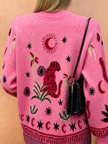 海星秋冬女士时尚休闲通勤草坪帽，豹纹提花长袖圆领琥珀色纽扣针织开衫，修身毛衣，秋季乡村音乐节，红色情人节/中国新年粉色 - 粉色 - 查看 4