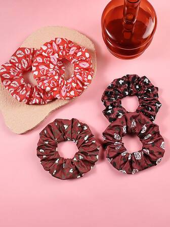 5pcs Valentine's Day Lip, Heart, Rose, Bow Print Satin Scrunchies, Suitable For Women Ponytail Decoration Hair Accessories ,Hair Ties ,Scrunchy Hair Ties