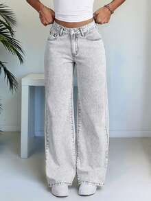 Straight Leg Loose Casual Jeans With Pockets, Versatile For Teens - Light Grey - View 2