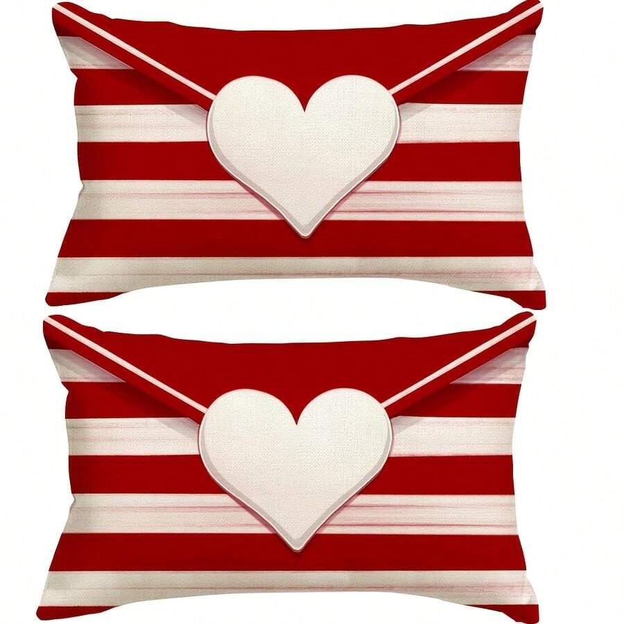 Valentine's Day Red Love Heart Pillow Covers, 2pcs, Polyester, 12x20 Inch, Single-Sided Lumbar Throw Pillowcases For Home Decor, Zip Closure, Machine Washable, No Pillow Core - 玫瑰紅 - 查看 1