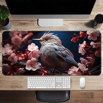 Large Peach Blossom & Bird Design Mouse Pad, Gaming Desk Mat, Oversized Keyboard Pad, Washable, Rubber Non-Slip Bottom, Stitched Edge, Gift Mouse Pad, Desk Protector, Study Pad, Multiple Sizes Available, Computer Keyboard Mat, Laptop Pad