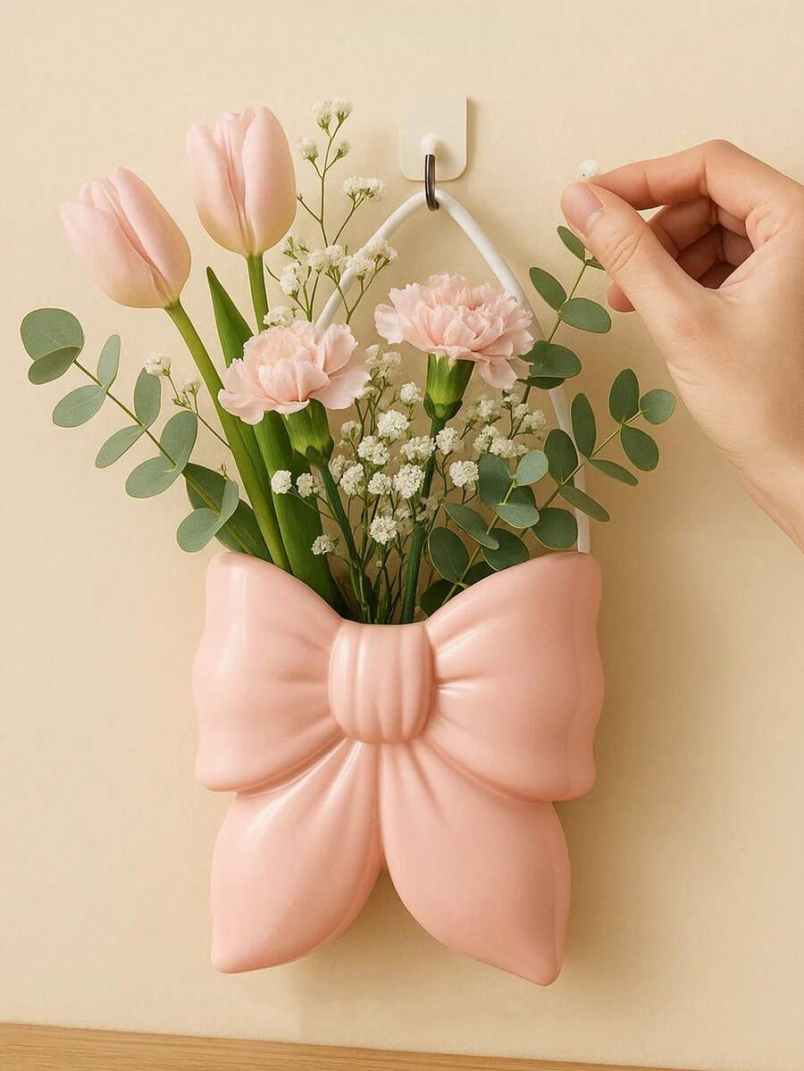 1/2 chiếc bình treo trang trí màu hồng/trắng có nơ, bình hoa trang trí, bình cắm hoa, vật trang trí tường, dùng cho phòng khách/phòng ngủ. - Nhiều màu - Xem 1