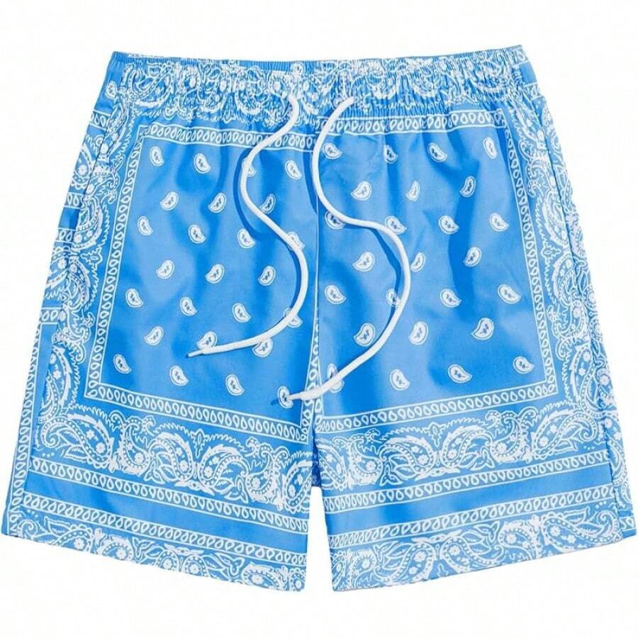 Men's Boho Paisley Print Drawstring Waist Summer Shorts With Pocket - Blue & White Paisley - View 1