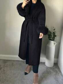 Women's New Elegant Tie-Up Faux Fur Sleeve Jacket, High-End Wool-Like Fabric, Belted Long Coat, Slimming, Kimono Style, Autumn/Winter - Black - View 8