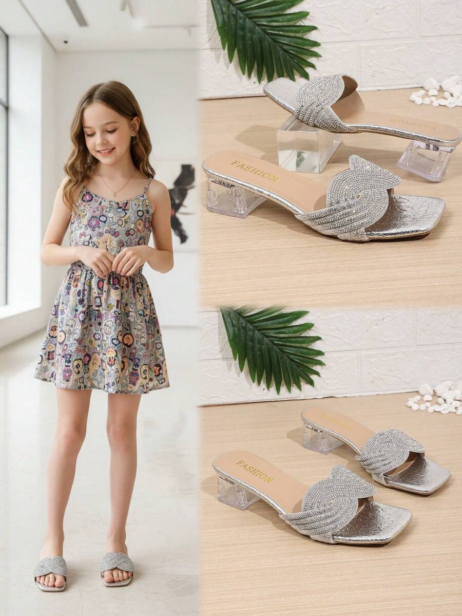 1 Pair Silver Soft PU Wavy Braided Criss-Cross Strap Rhinestone Embellished Transparent Chunky Heel Slip-On Sandals, Stylish & Elegant, Suitable For Teenage Girls, Daily, Party, School, Travel, Spring/Summer 2026 - Silver - View 1