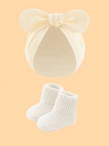 2件套婴儿柔软蝴蝶结印花头巾帽+针织袜套装，舒适发带帽，可爱时尚，适合0-6个月宝宝四季佩戴，是绝佳的生日礼物。 - 彩色 - 查看 6