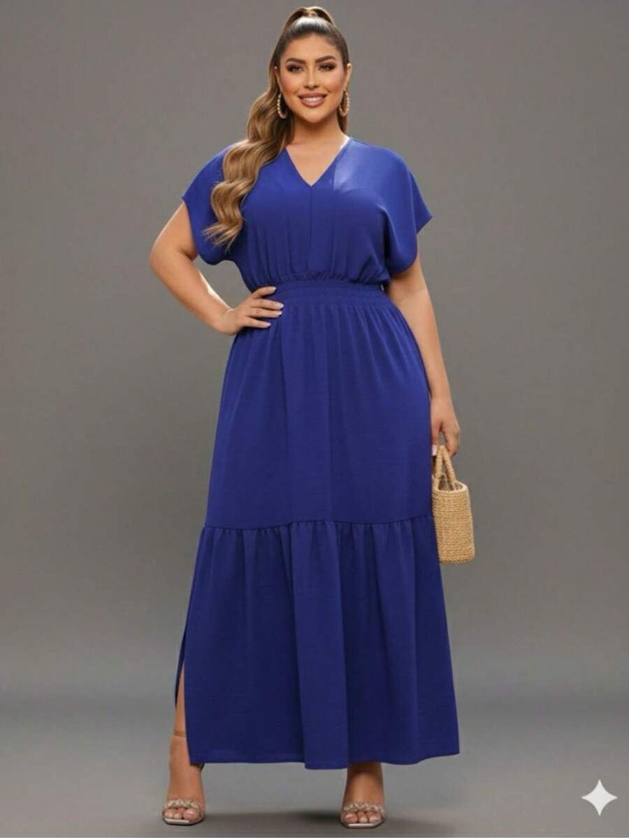 Women's Long V-Neck Dress With Elastic Waistband - Comfortable, Elegant, , End-Of-Year Style, Basic, Classic, Minimalist, Sexy - 寶藍色 - 查看 1