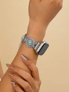 1pc Bohemian Style Turquoise Beaded Elastic Watchband, Compatible With Apple Watch 38/40/41/42/44/45/46/49mm, Vintage Silver Smartwatch Band Compatible With Series Ultra/SE/10/9/8/7/6/5/4/3/2/1, Unisex Casual Vacation Daily Accessory Strap - Silver - View 8