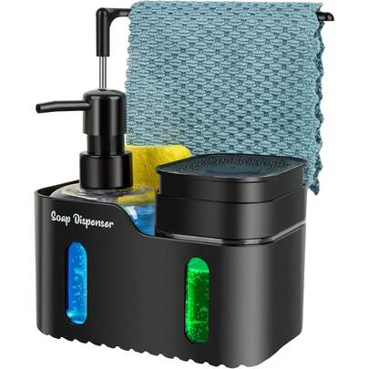 4-In-1 Soap Dispenser Set, Includes Soap Dispenser, Sponge Holder, Cloth Rack, Draining Rack And Brush Holder, Reusable Bottles For Bathroom And Kitchen, Practical Bathroom And Kitchen Organizer, Modern Home Decor