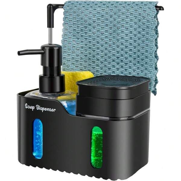 Juego de dispensador de jabón 4 en 1, incluye dispensador de jabón, soporte para esponja, estante para paños, escurridor y soporte para cepillo, botellas reutilizables para baño y cocina, organizador práctico para baño y cocina, decoración moderna para el hogar