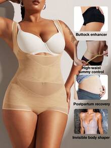 1pc Plus Size Women Breathable Mesh Waist Cincher Bodysuit, Body Shaper - Apricot - View 8