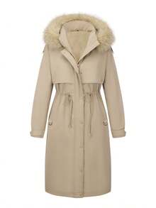 Risissida Women's Fall/Winter Bib Coat Detachable Fur Collar, Padded Jacket, Zipper/Button Closure, Pockets - Beige - View 3