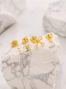 4件套925纯银时尚优雅蝴蝶结几何心形立方氧化锆耳钉套装，精美首饰，适合女性日常佩戴、派对和婚礼等场合。