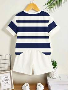 2pcs/Set Boys' Striped Print Short Sleeve T-Shirt And Shorts - Blue - View 3