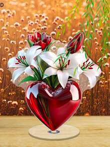 2D亚克力旋转桌面展示架 - 红色心形花瓶，配白色百合和红色郁金香，亮黑色底座，无需电源，优雅设计，适用于情人节、周年纪念日、婚礼、家居和办公装饰，表面抛光，完美礼物，2D平面 - 彩色 - 查看 2