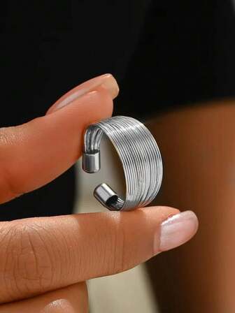 1pc Multi-Layer Line Design Open Ring, Women's Hip-Hop Street Style Ring, Metal Finish Ring