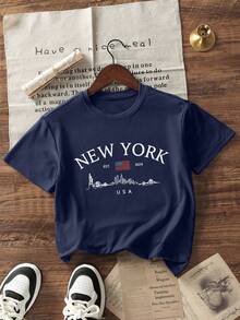 Girls & Teens' Casual Pink Graphic Print Crew Neck Short Sleeve T-Shirt, Summer Top