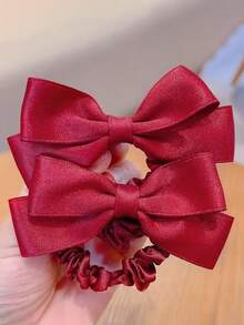 2 PCS Red Bow Hair Tie Princess Hair Tie Girls' Hair Accessories Back To School Season Satin Double Layer Wrap Waist Butterfly Colon Circle Ponytail Hair Tie Versatile Headgear - Burgundy - View 8