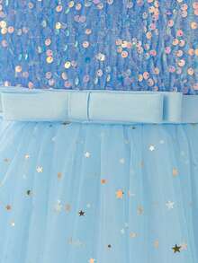 少女无袖圆领亮片网纱长款优雅正式连衣裙，适合婚礼、生日、派对等场合 - 淺藍色 - 查看 9