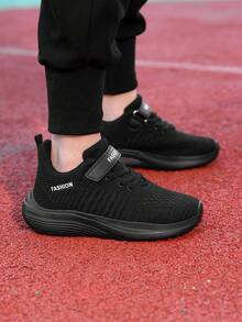 Sports Shoes/ Shoes/' Running Shoes/' Walking Shoes, Mesh & PU Leather, Breathable, Suitable For Spring, Summer, Autumn, Winter, Back To School, New Design, Lightweight, Non-Slip Rubber Sole, Hook And Loop Closure For Easy On/Off, Fit For Running, School, Outdoor, Training, 4 Colors Available, Ages 3-14 - Black - View 4