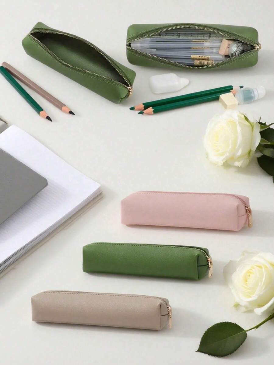 2025秋冬流行INS风极简文具PU皮笔袋，兼具时尚与实用性，金色拉链PU笔袋，经久耐用，适合办公和旅行使用。多功能学生可爱日系化妆刷收纳袋，化妆包，迷你化妆刷袋，眉刷收纳袋，高品质仿皮笔袋