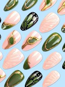 30 Pieces/Set 3D Three-Dimensional Dripping Oil Gilt Butterfly Wing Manicure, Wearing Nail Almond Nail, Fashionable Women's Fake Nail Patch - Màu xanh Ô liu - Xem 4